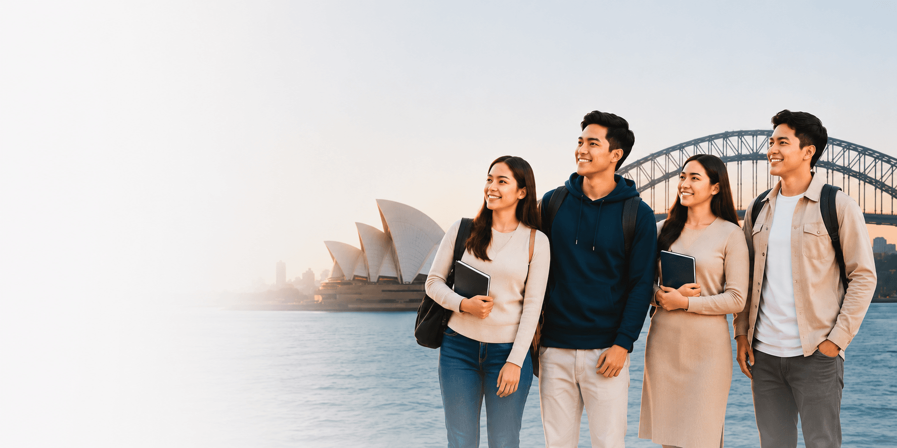 Students smiling with Sydney Harbour in the background